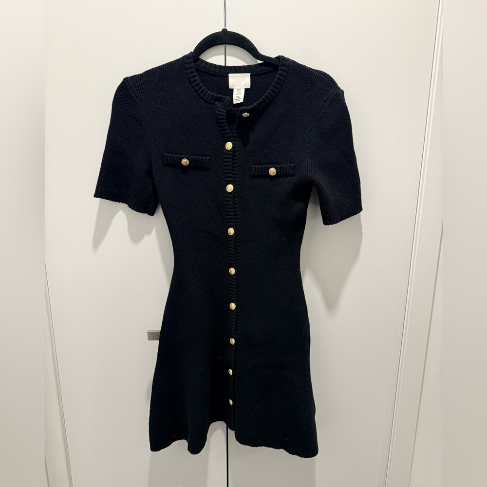 SOLD  Black Short-Sleeve Knit Button-Front Mini Dress with Gold Buttons